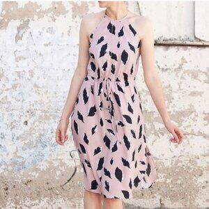 Loft Sleeveless Midi Dress Pink Black Feather Print L